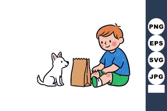 Boy Feeding Small White Dog Sitting Next