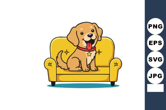 Cute Happy Dog Sitting on Yellow Sofa Wi