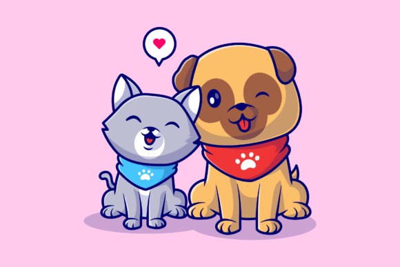 Cute Pug Dog and Cute Cat Siting