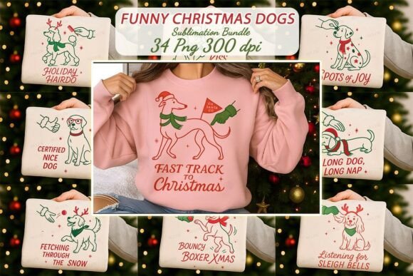 Funny Line Art Christmas Dog Sublimation Bundle