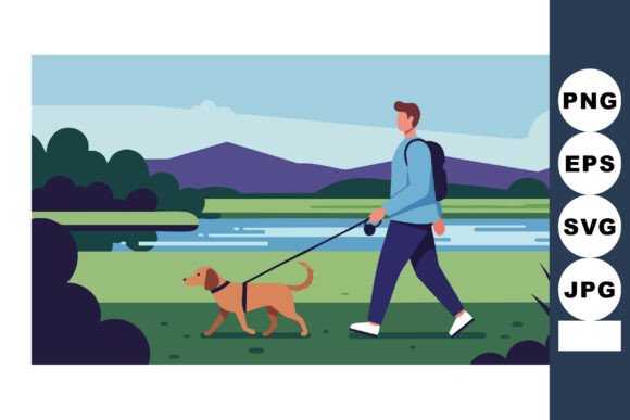 Man Walking Dog Near Lake with Mountains