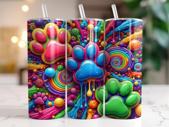 Vibrant Dog Paw Pattern Tumbler Wrap PNG