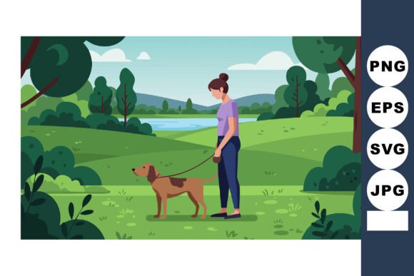Woman Walking Dog in Green Park Near Lak